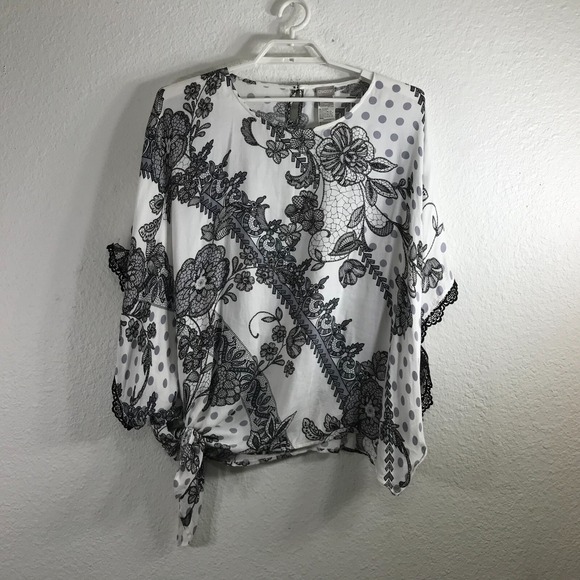 Chico's Shirt Size L/XL Rayon Boxy Caftan Style Floral Short Wide Sleeves Tie - Picture 1 of 10
